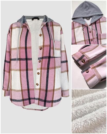 Plaid Pattern Long Sleeve Shacket Button Down Fleece Lined Hooded Jackets Warm Coat
