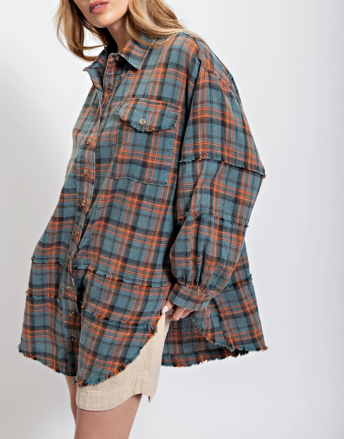 Women's Seams Raw Edge Washed Oversized Shirt Jacket