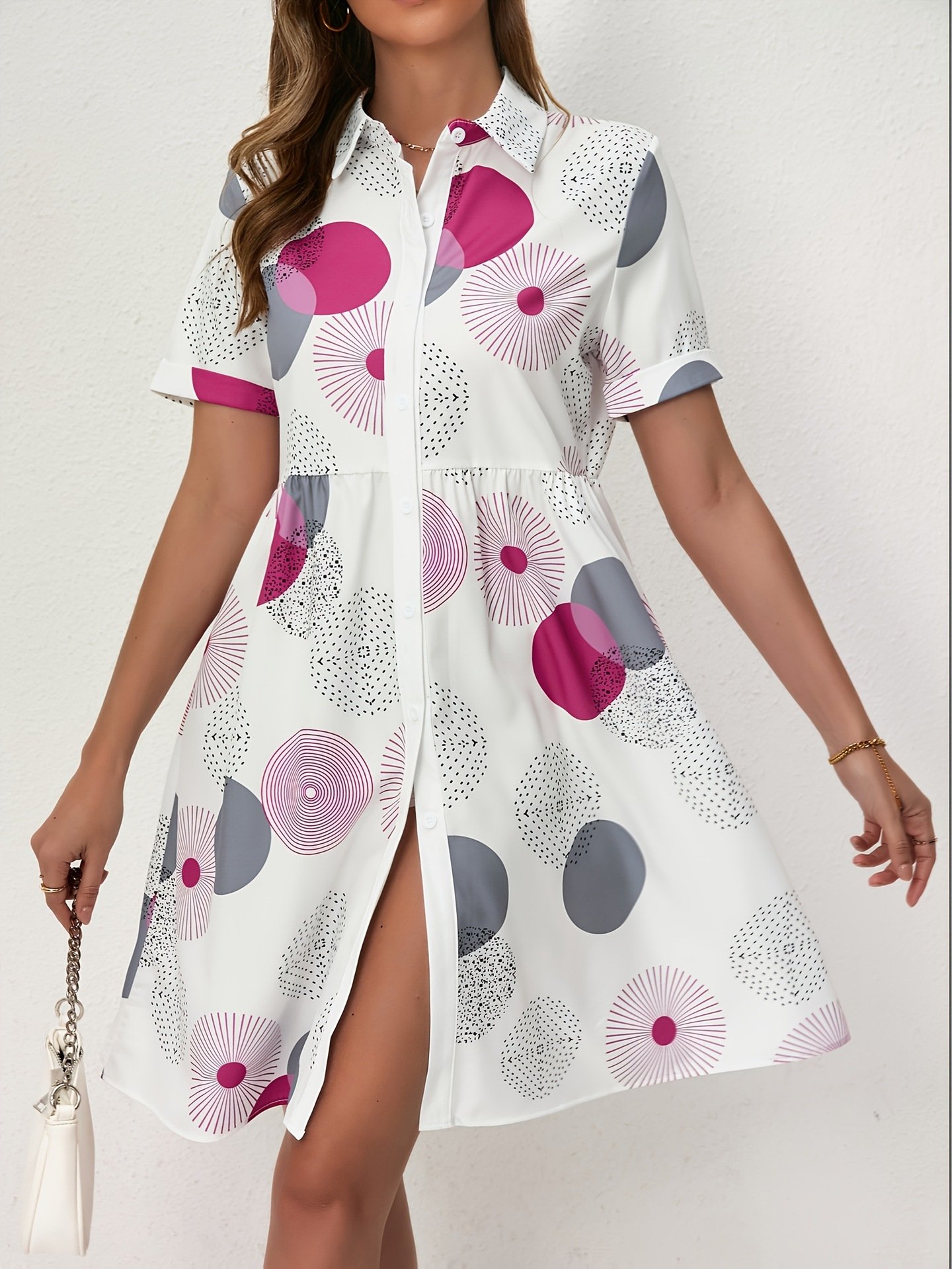 All Over Print Shirt Dress, Casual Short Sleeve Collared Dress for Summer