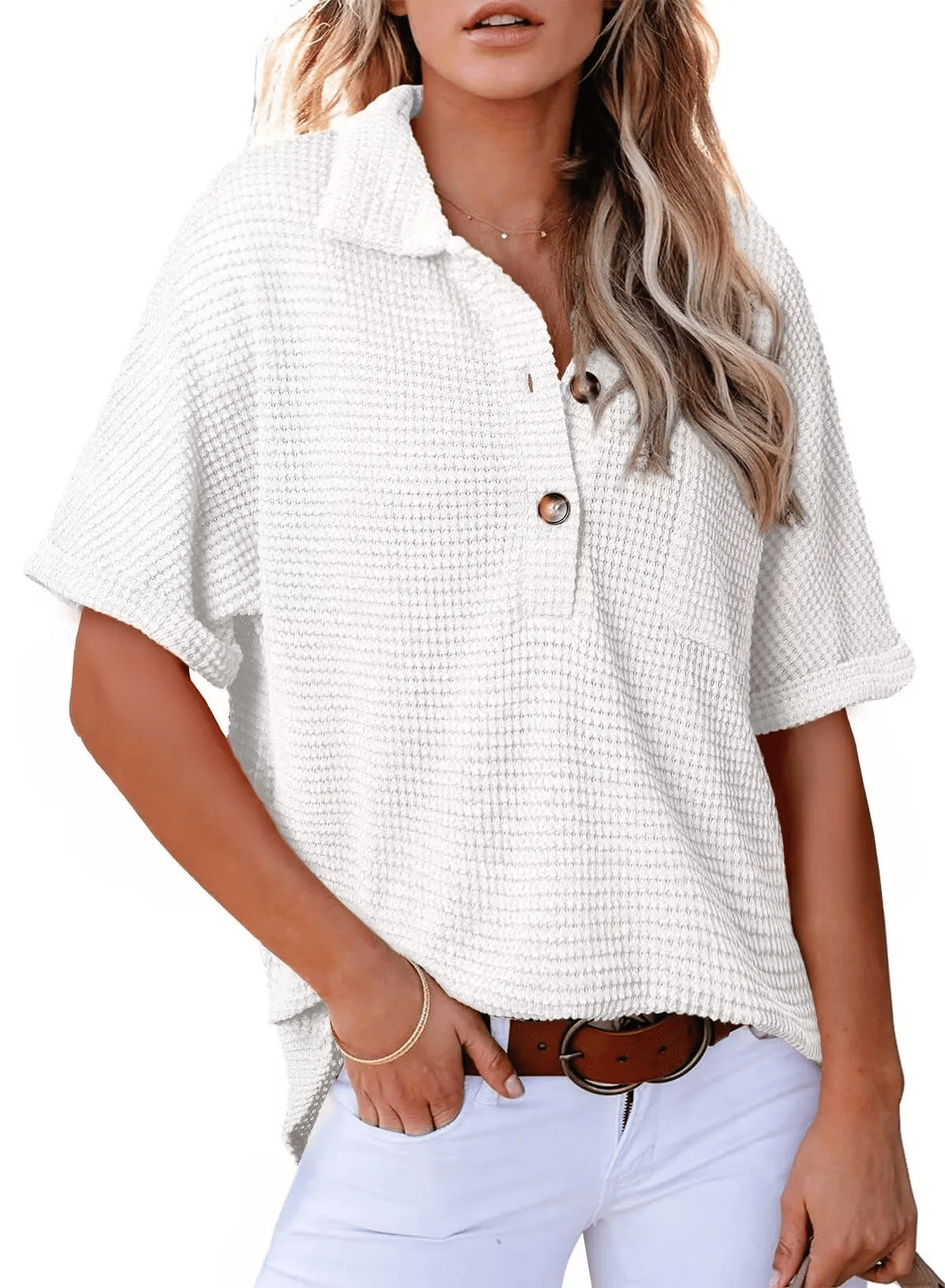 Women's Waffle Knit Short Sleeve Tunic Henley Shirts