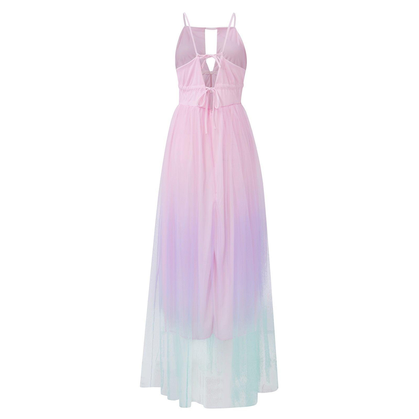 Tie Dye Spaghetti Strap Gradient Color Flowy Backless Elegant Maxi Dress