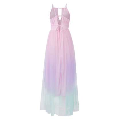 Tie Dye Spaghetti Strap Gradient Color Flowy Backless Elegant Maxi Dress