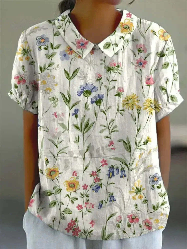 Women's Retro Floral Print Cotton Linen Casual Shirt