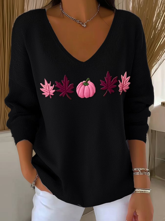 Women's Casual Pink Maple Leaf Pumpkin Striped Autumn And Winter Bottoming Shirt