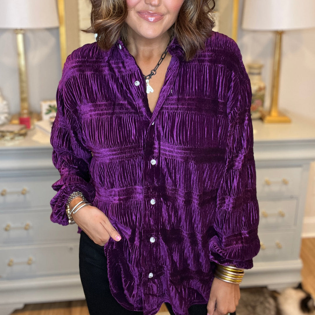 Shirred Velvet Button Down Top