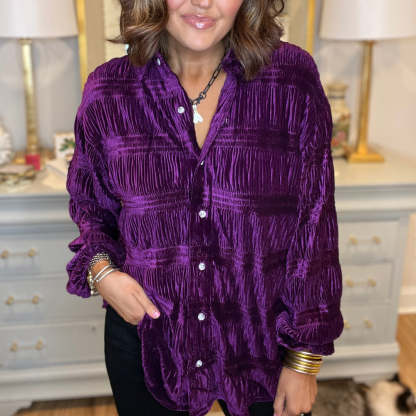Shirred Velvet Button Down Top