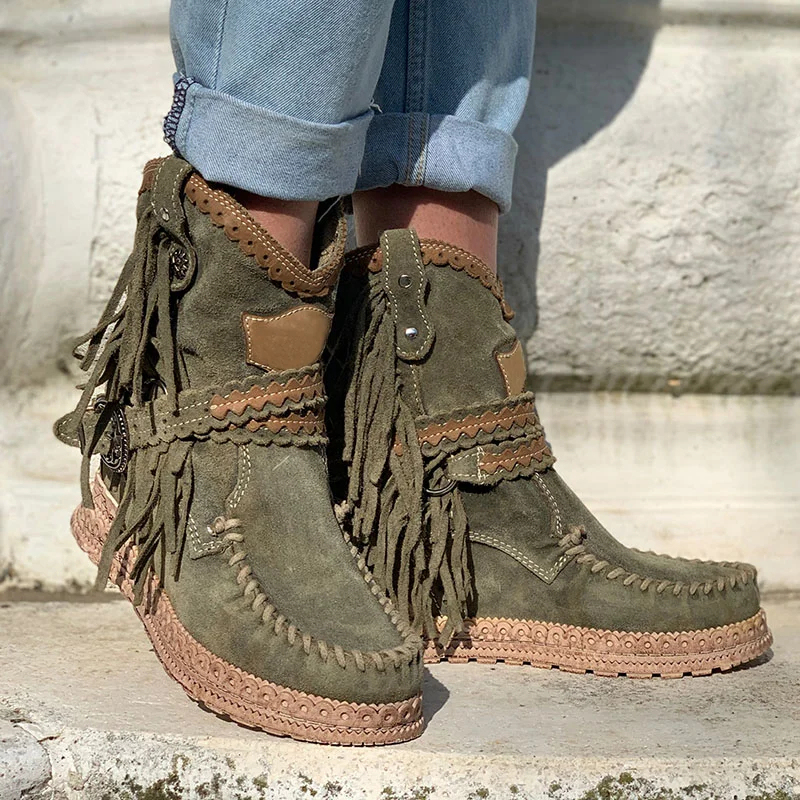 Women's Retro Leather Round-toe Flat Heel Tassel Boots Silverstone Marine Turquoise Moccasin Vintage Stone-washed Shoes