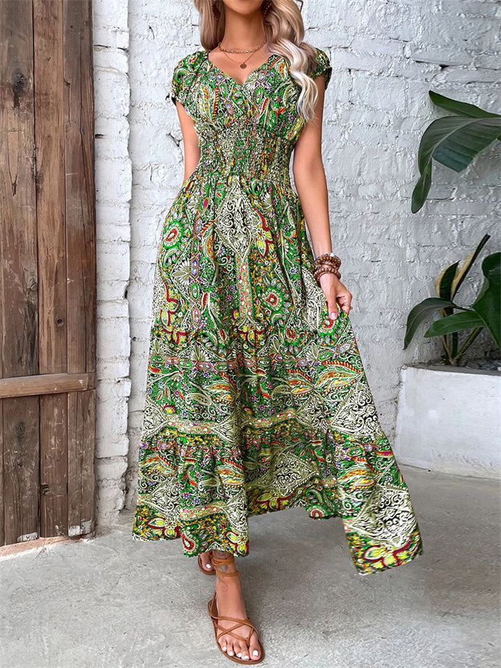 Bohemian V Neck Abstract Print High Waist Long Dress