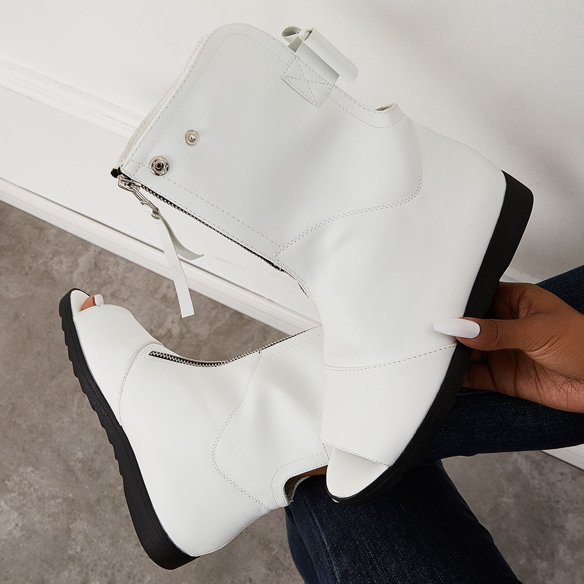 Women's Open Toe Ankle Boots Fashion Flat Booties Zip Up Boots