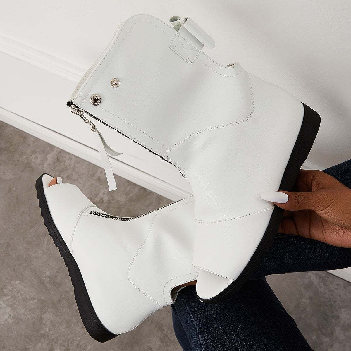Women's Open Toe Ankle Boots Fashion Flat Booties Zip Up Boots