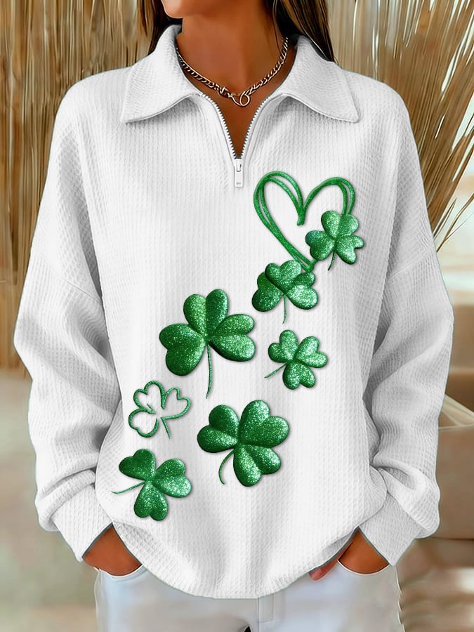 Women's Casual Retro St. Patrick's Day Waffle Knit Zip-Up Sweatshirt