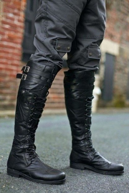 Men's Medieval Knee High Boots Cross Strap Lace Up Shoes Flat Cool Moto Boots Tall Renaissance Boots Fall Winter