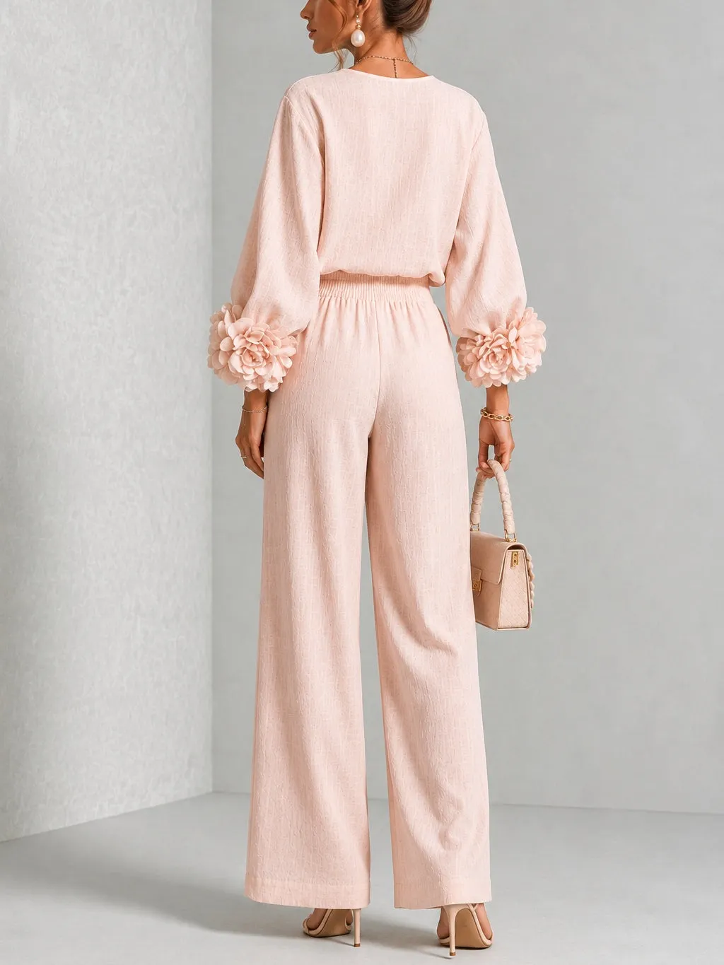 Women 3D Floral Cuff Linen Two‑Piece Outfit, Long Sleeve Blouse & Elastic Waist Wide Leg Pants Set