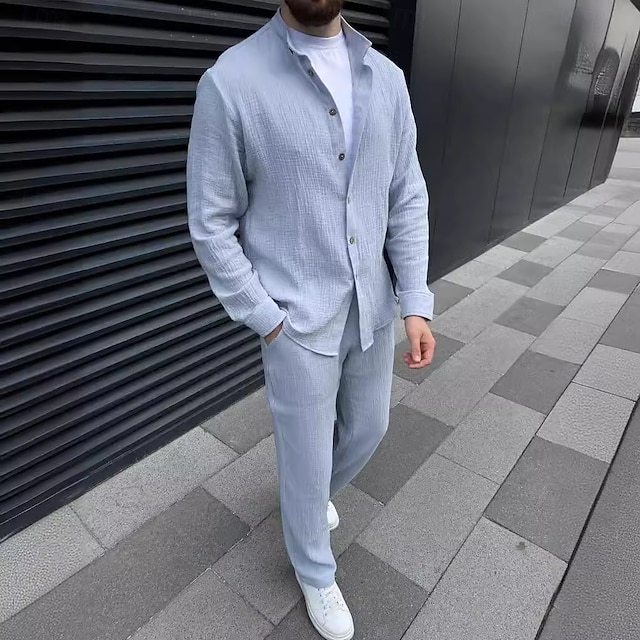 Men's 2 Piece Shirt Set Matching Sets Cotton & Linen Button Up Shirt + Pant sets
