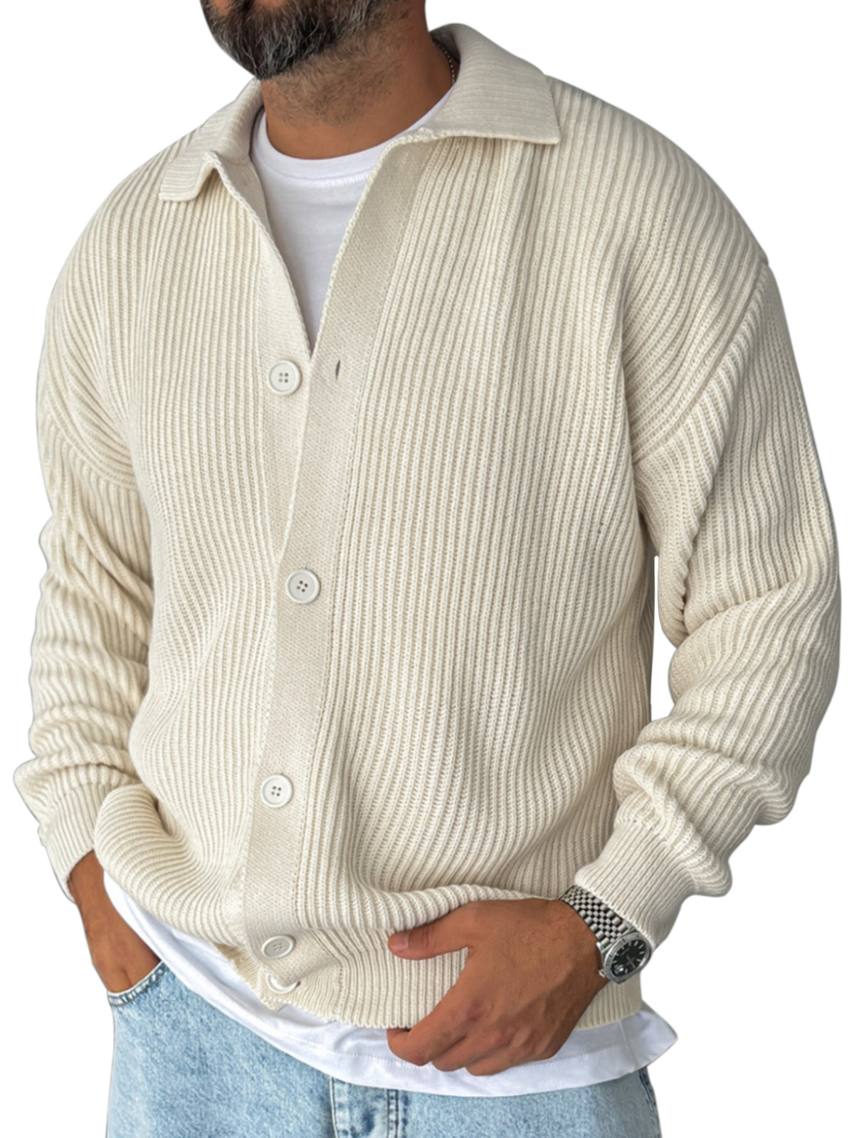 Versatile Men's Lapel Solid Color Loose Long-sleeved Knitted Cardigan 