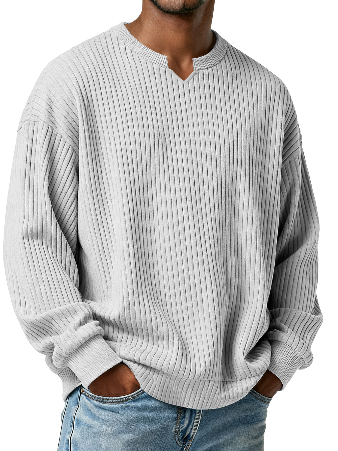 Men's Simple Vertical Ribbed Small V-neck Casual Loose Long-sleeved T-shirt