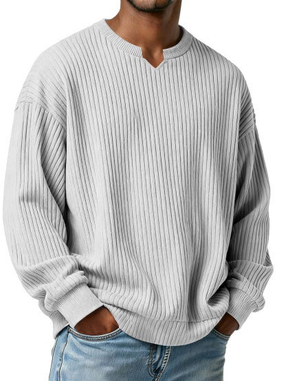 Men's Simple Vertical Ribbed Small V-neck Casual Loose Long-sleeved T-shirt