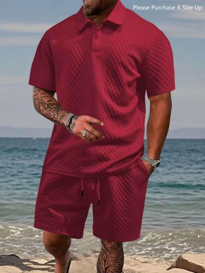 Men's Solid Polo Shirt & Drawstring Waist Shorts Set, Cozy Breathable Two-piece Outfits