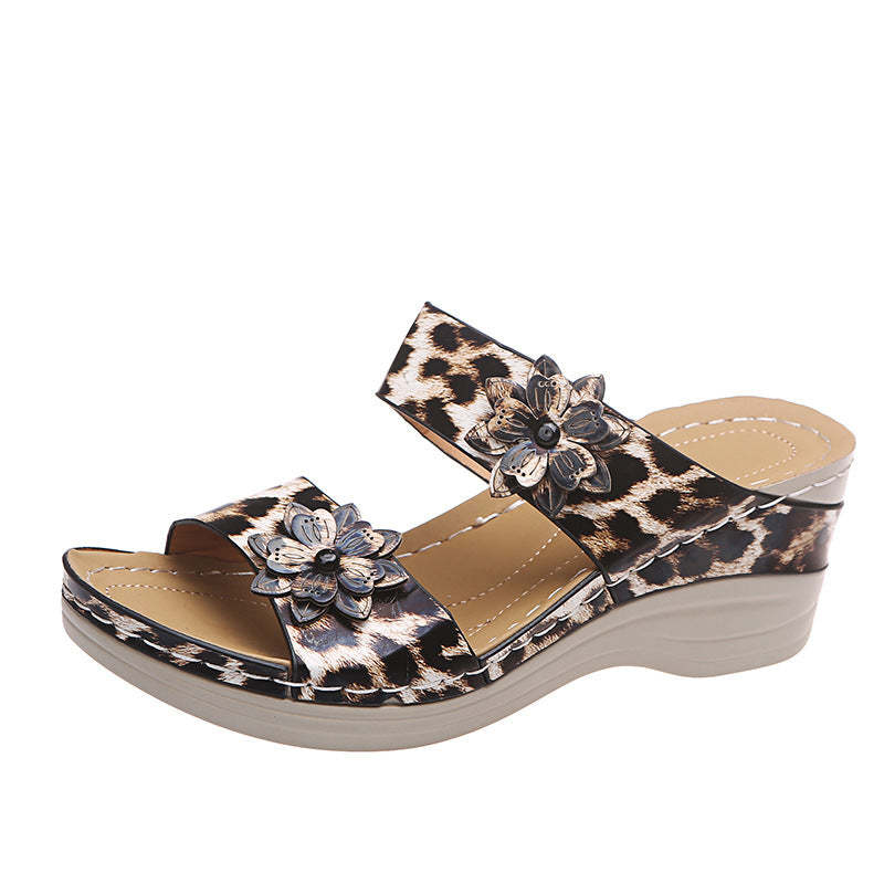 2024 🌹 New Leopard Print Leather Wedge Soft Sole Sandals