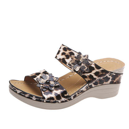 2024 🌹 New Leopard Print Leather Wedge Soft Sole Sandals