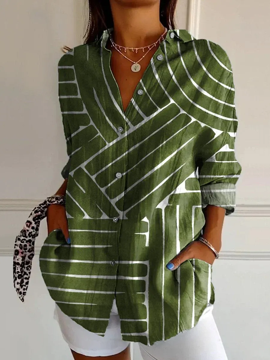 WOMEN'S ABSTRACT LINE COTTON LINEN SHIRT