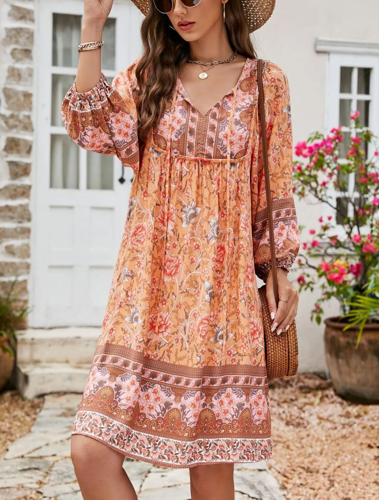 Women's V Neck 3/4 Sleeve Short Floral Print Flowy Dress