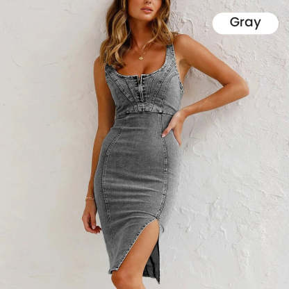 Adjustable strap U-neck split denim bodycon cami dress