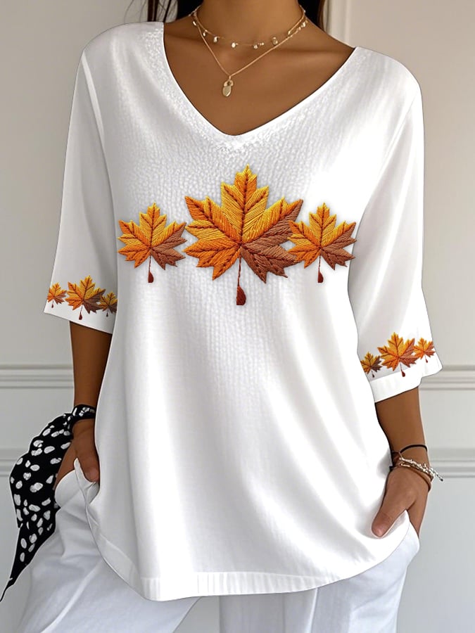 Women's Autumn Maple Leaf Printed Bubble Wrinkle Top