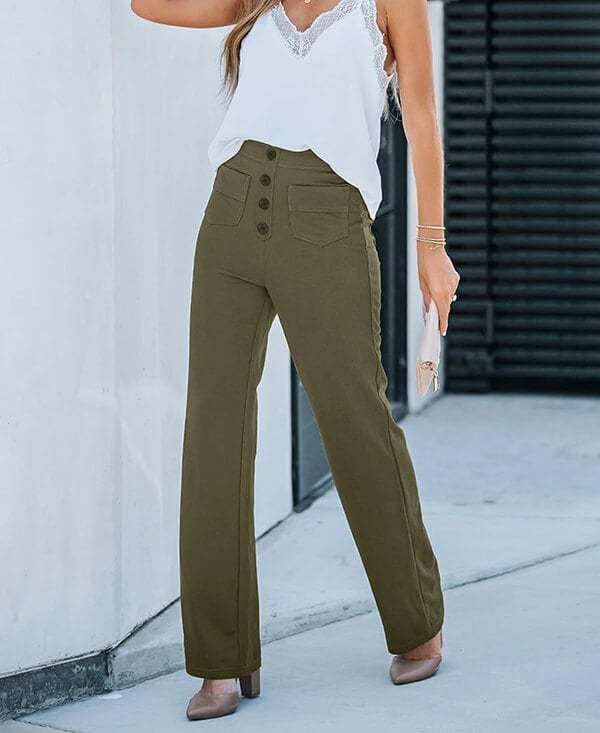 High Waisted Button Multiple Pockets Straight Leg Casual Pants