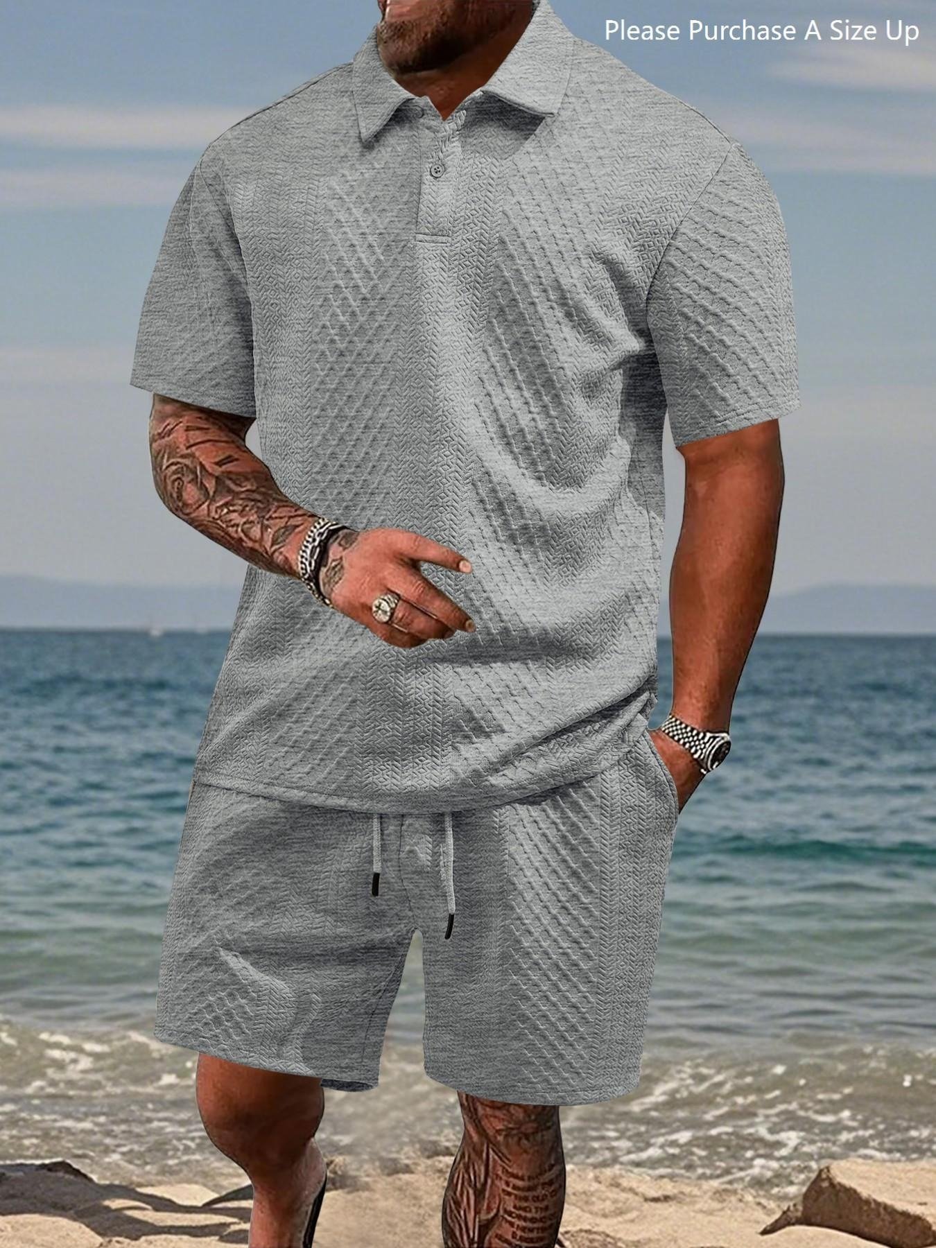 Men's Solid Polo Shirt & Drawstring Waist Shorts Set, Cozy Breathable Two-piece Outfits