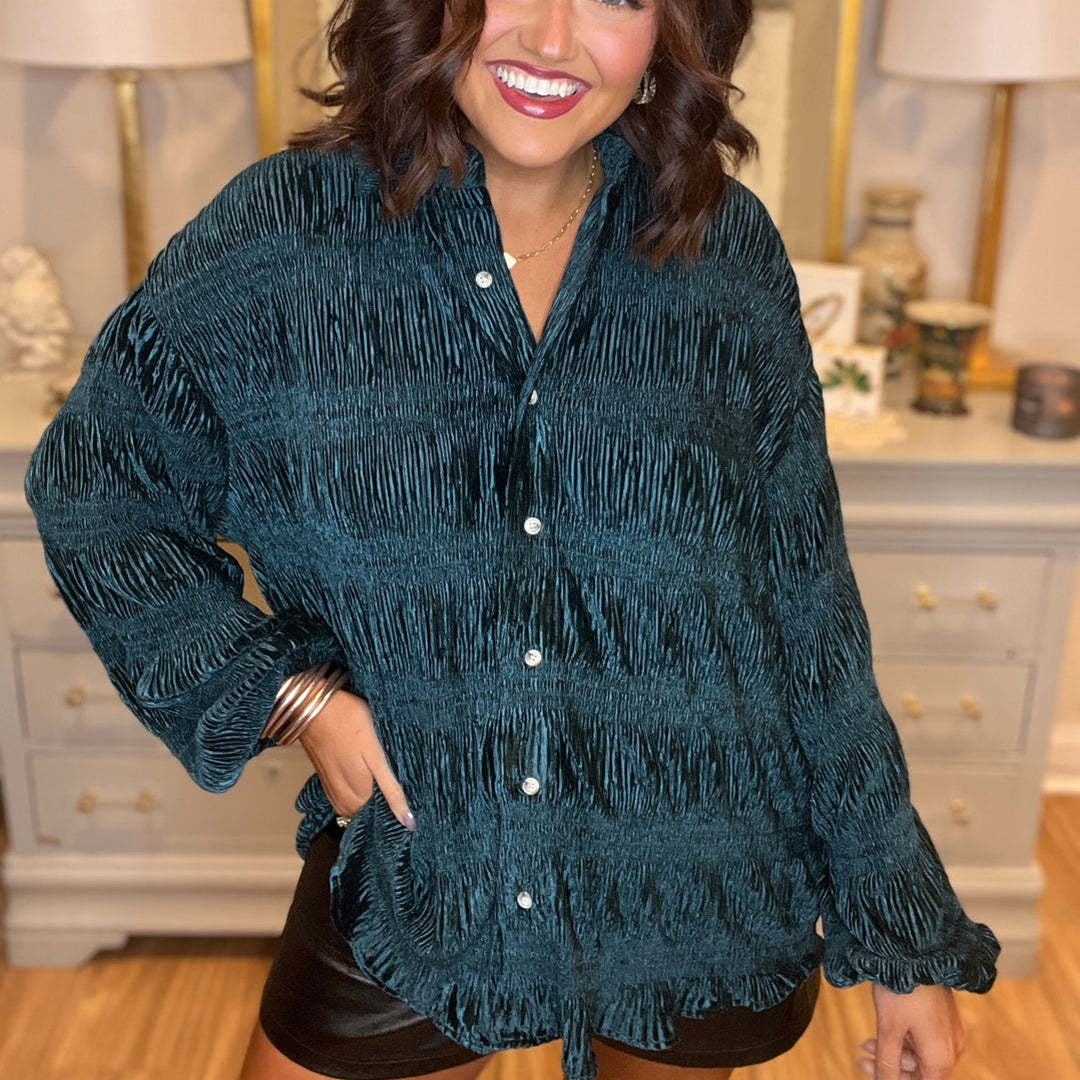 Shirred Velvet Button Down Top
