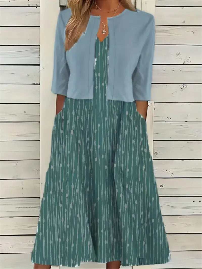 V Neck Half Sleeve Floral Two Piece Midi Dress