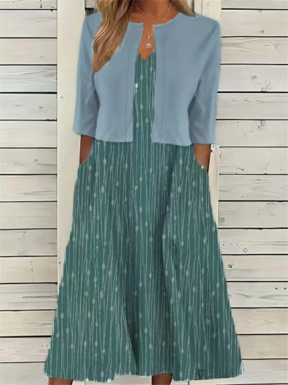 V Neck Half Sleeve Floral Two Piece Midi Dress