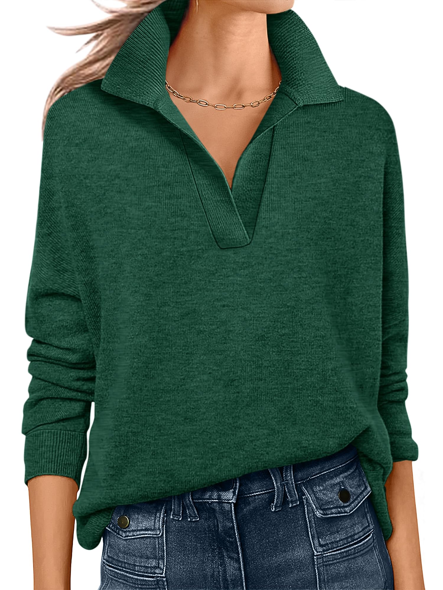 Womens Polo V Neck Long Sleeve Sweaters Lightweight Dressy Casual Business Basic Knit Pullover Top