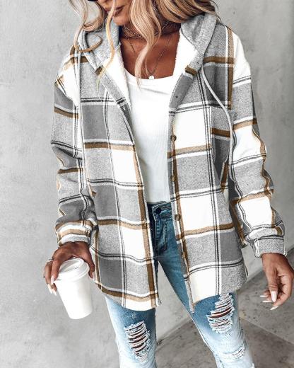 Plaid Pattern Long Sleeve Shacket Button Down Fleece Lined Hooded Jackets Warm Coat