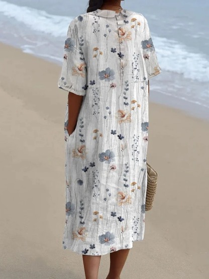 Women's Vintage Floral Art Print Pocket Linen Dress（Convertible Dress With Front And Back Option）