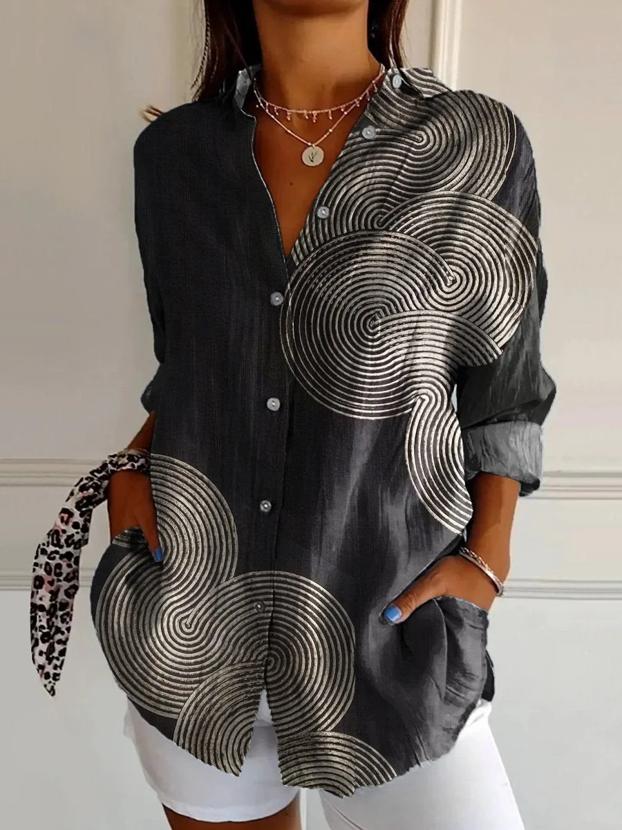 WOMEN'S ABSTRACT LINE COTTON LINEN SHIRT