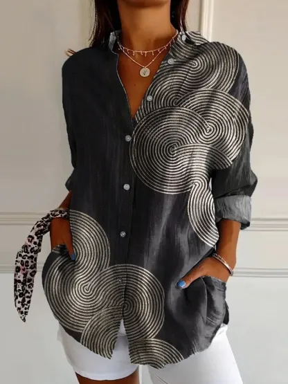 WOMEN'S ABSTRACT LINE COTTON LINEN SHIRT