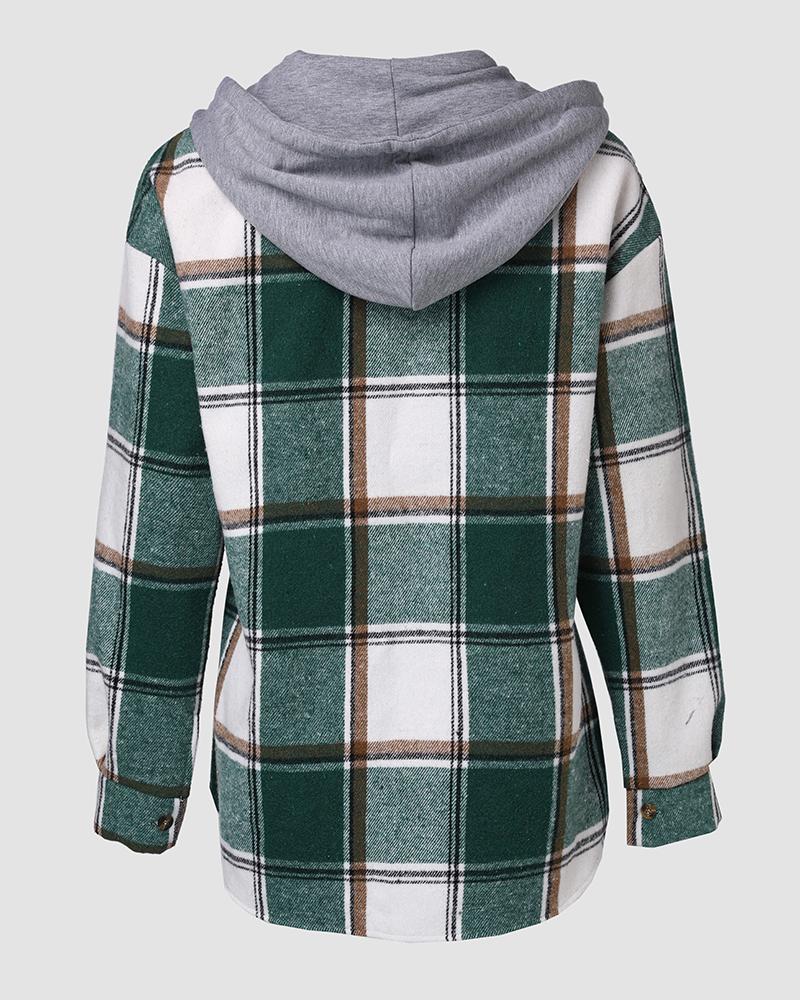 Plaid Pattern Long Sleeve Shacket Button Down Fleece Lined Hooded Jackets Warm Coat