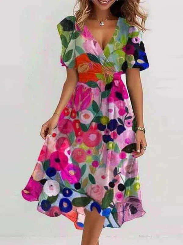 Women's Short Sleeve Summer Green Floral Printing V Neck Daily Going Out Vintage Maxi A-Line Ruffle Skirt Dress