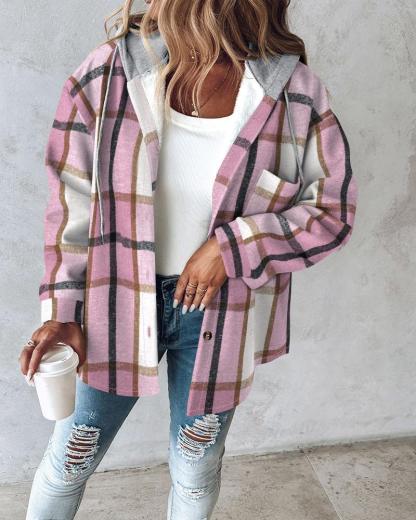 Plaid Pattern Long Sleeve Shacket Button Down Fleece Lined Hooded Jackets Warm Coat