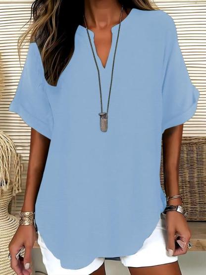🔥Women's Plain Short Sleeve Blouse, Casual Solid Color Top for Daily Wear, Ladies Clothes for All Seasons