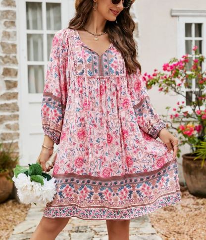 Women's V Neck 3/4 Sleeve Short Floral Print Flowy Dress