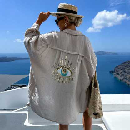 Evil Eye Casual Sequin Beaded Shirt