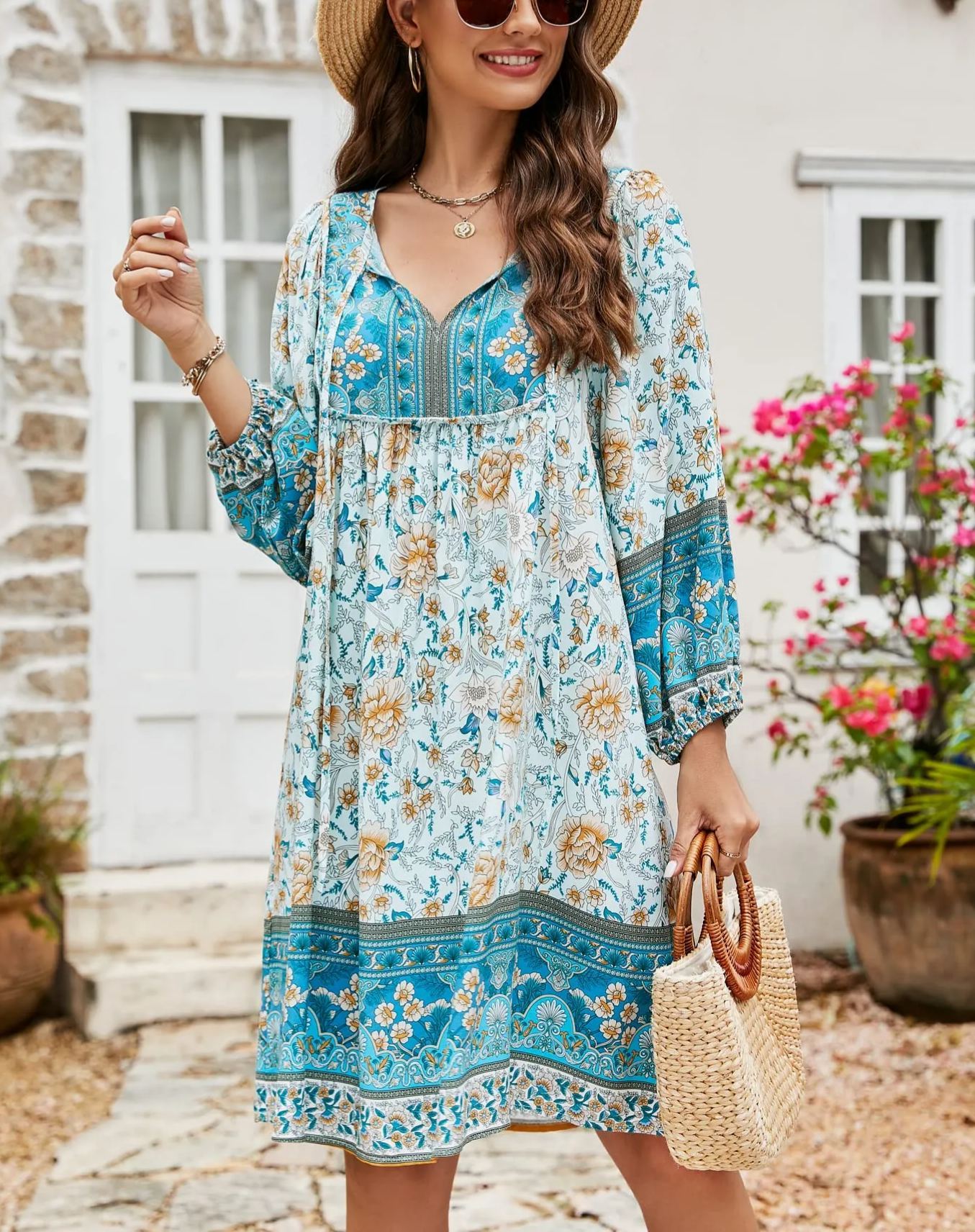 Women's V Neck 3/4 Sleeve Short Floral Print Flowy Dress