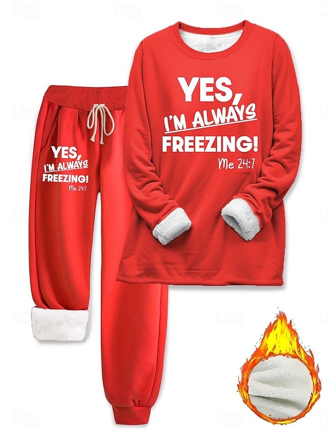 Women's Pajamas Set Fleece Lined 2 Pieces Sweatshirt Tracksuits Loungewear Set Pyjamas Fleece Fluffy Long Sleeve Top and Pant Text Print Comfort Casual Home Wear Drawstring Solid Cozy Winter