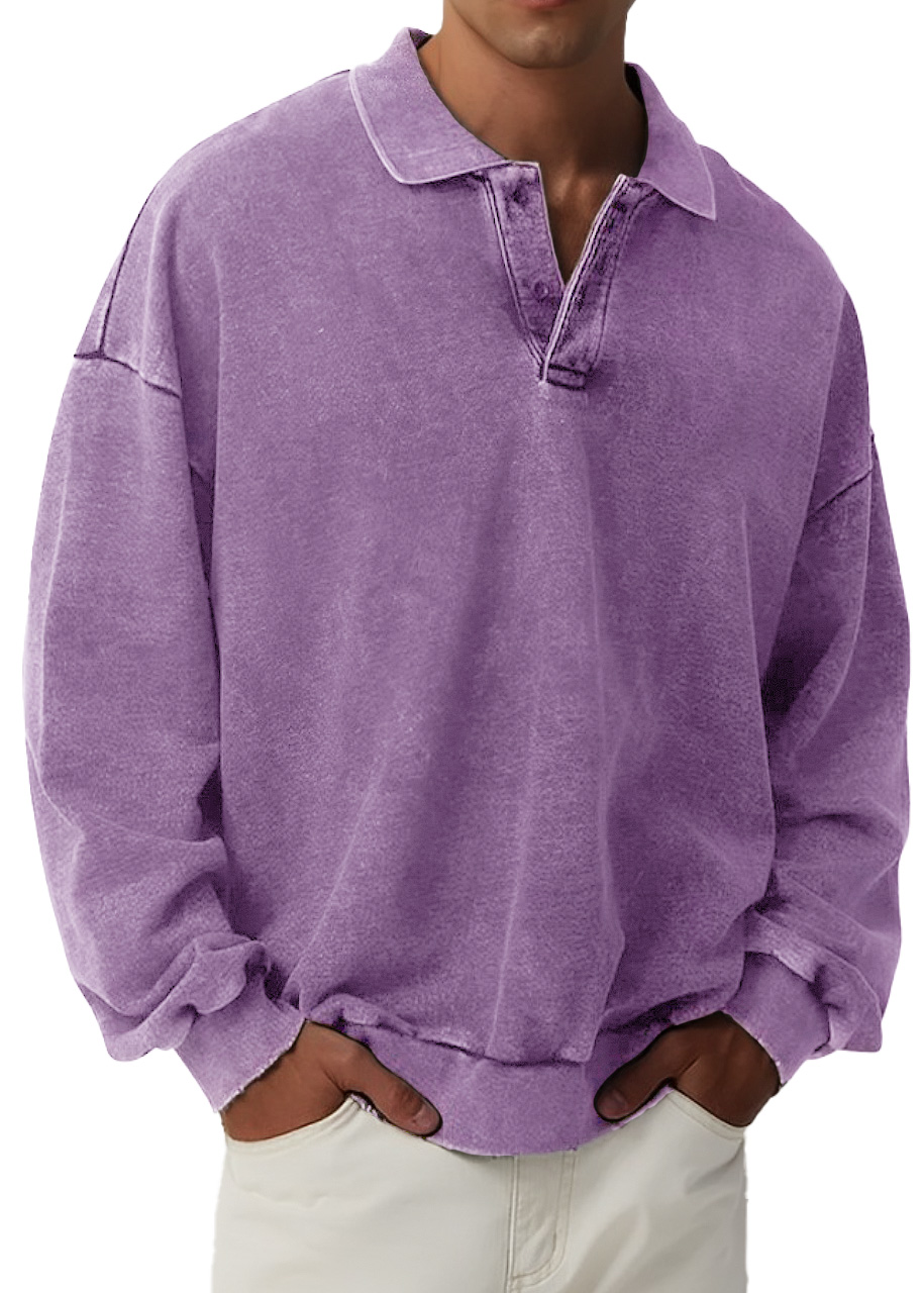 Men's Retro Fashion Distressed Lapel Long Sleeve Polo Sweatshirt