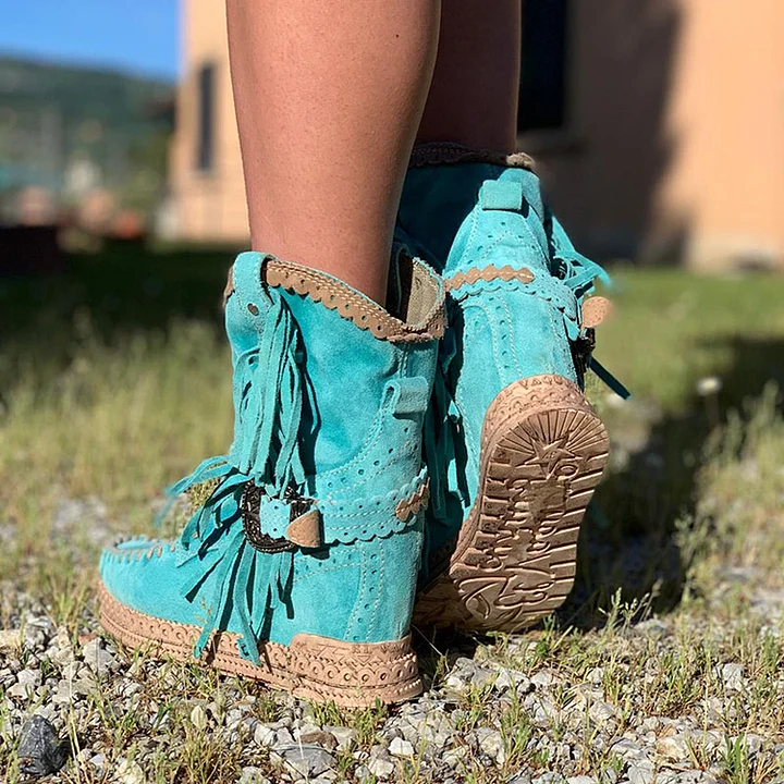 Women's Retro Leather Round-toe Flat Heel Tassel Boots Silverstone Marine Turquoise Moccasin Vintage Stone-washed Shoes