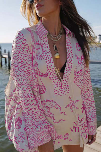 Live By Water Satin Unique Letter Print Tassle Shirt and Elastic Waist Shorts Set