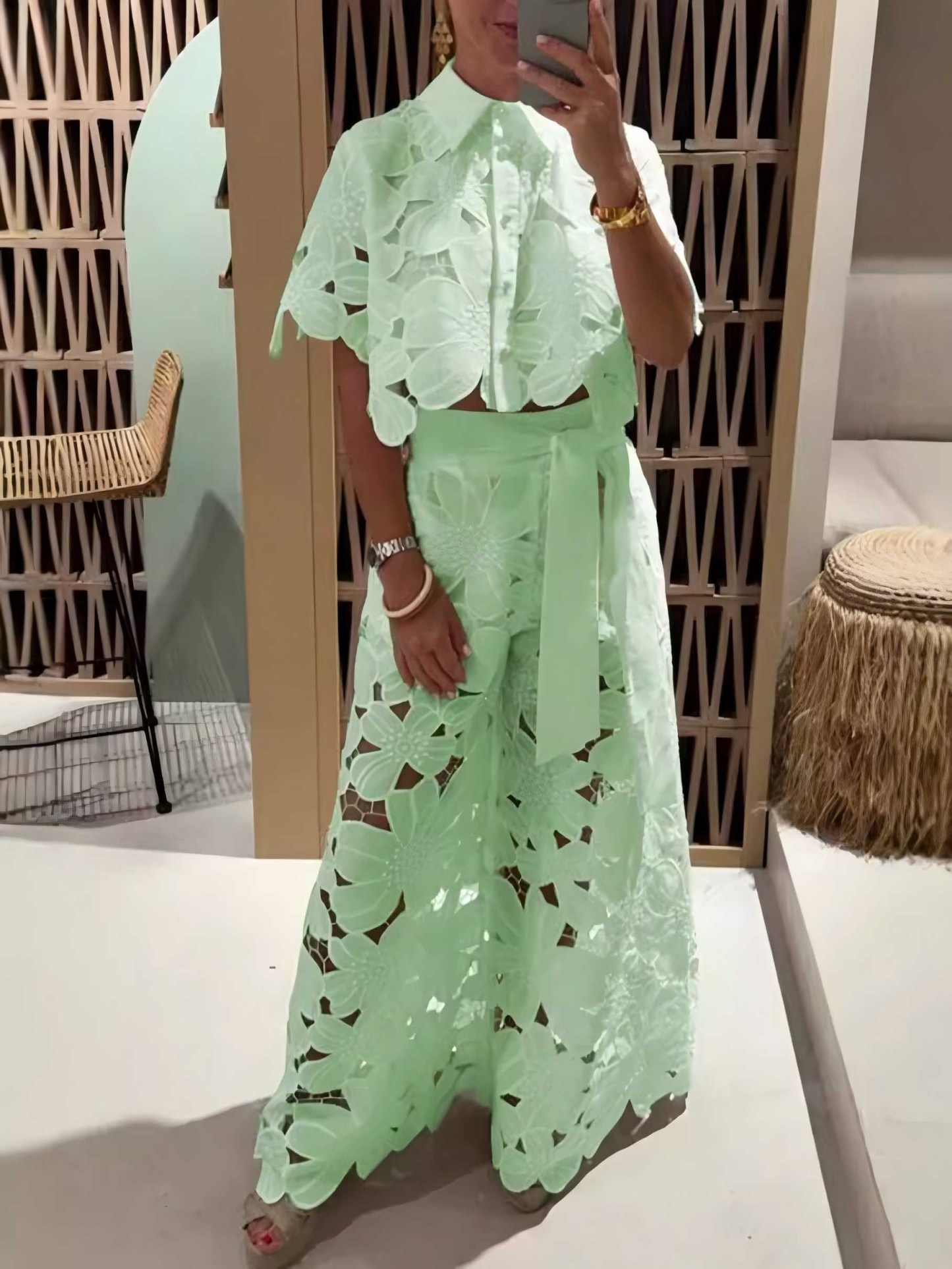 Exquisite Floral Embroidery Sexy Hollow Cardigan Two-Piece Set